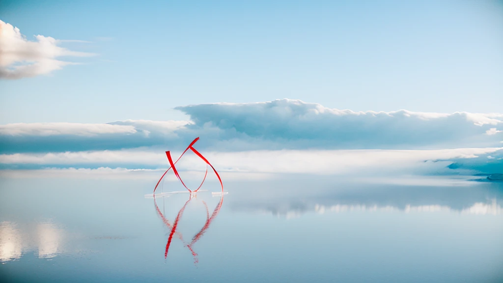 A landscape in the sky with white and light blue as the base, with a red ribbon in the upper left corner and a red ribbon in the lower right corner, and a few birds flying in the sky. Realistic, landscape, 4k, suitable for PPT production