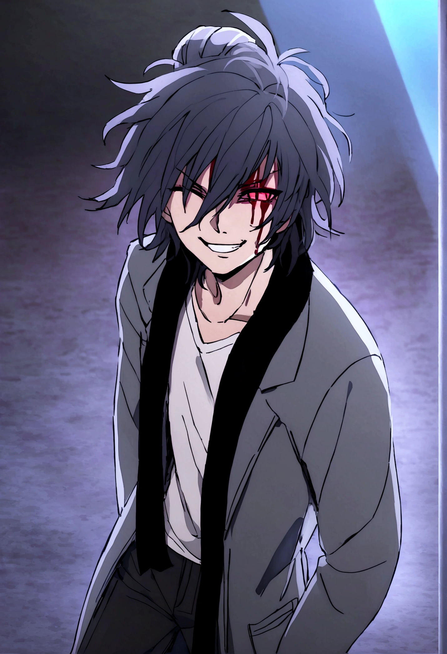 Anime man, psychopathic smile, blood stain on black  fluffy cotton jacket clothing, black pants, black mega long scarf, black messy hair, hair bun, closed right eye, opened left glowing red eye, psychopathic face, white shirt with blood stains, terrifying will to commit malice