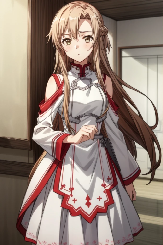 (masterpiece)), ((top quality)),(8K), top quality, (beautiful),(((World-class quality))),  high res, (Clean face with detailed shading),  (((hugebreasts))), (((Saggy breasts))), (((glistening skin))), Brown hair, Long hair, Antenna hair, ponytail, Brown eyes, ribbon、(((Red sleeveless:1.3)))、Pleated skirt、Black skirt, White thighs, Watch your audience、smiling face、White underwear、(wind、wind lift、Skirt lifted by the wind、Skirt rolled up by the wind、Skirt flutters:1.5)、(Fully exposed panties:1.5)、white ribbed panties:1.5、(Standing、Cross your arms behind your waist:1.7)、blush、embarrassed,Burst breasts