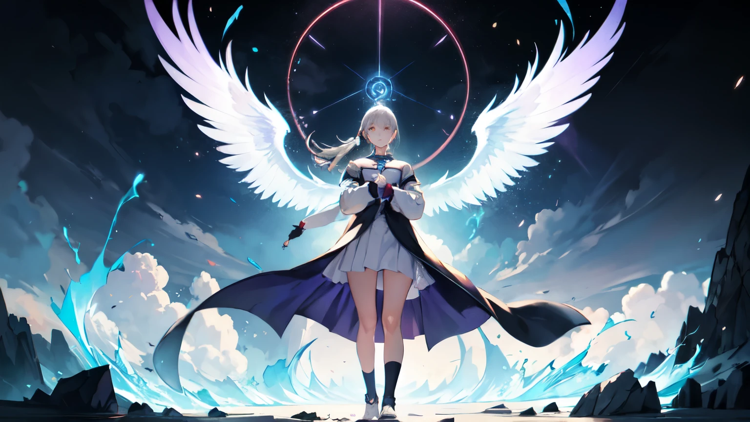 One girl, White Dress, ponytail ,Gray Hair, Purple eyes, magic circle, Blue Fire, Blue Flame,Hold your arms in front of your chest, Depth of written boundary, night, Particles of light, light, Side Lighting, Thighs, destiny \(series\), Open jacket, skirt, Knee socks, cloud