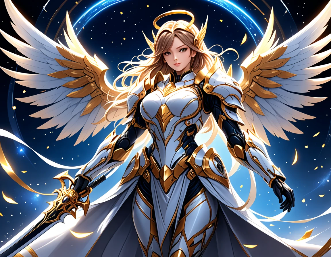arafed a warrior angel in space battling in outer space, a female angel knight, magnificent beauty, divine beauty, dynamic hair color, dynamic hair color, dynamic eye color, intent gaze, she wears intricate space armor, with intricate mechanic parts, white angelic wings spread, magnificent wings, glorious wings, outer space background, stars, vibrant, Ultra-high resolution, High Contrast, (masterpiece:1.5), highest quality, Best aesthetics), best details, best quality, highres, (ultra wide angle: 1.2), 16k, ultra detailed, masterpiece, best quality, (extremely detailed),aetherpunkai, GlowingRunesAI_paleblue, Sword and shield