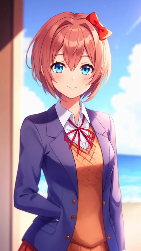 one girl, Sayori, DDLC, Doki Doki Literature Club, hair bow, short hair, school blazer, smile, light blue eyes