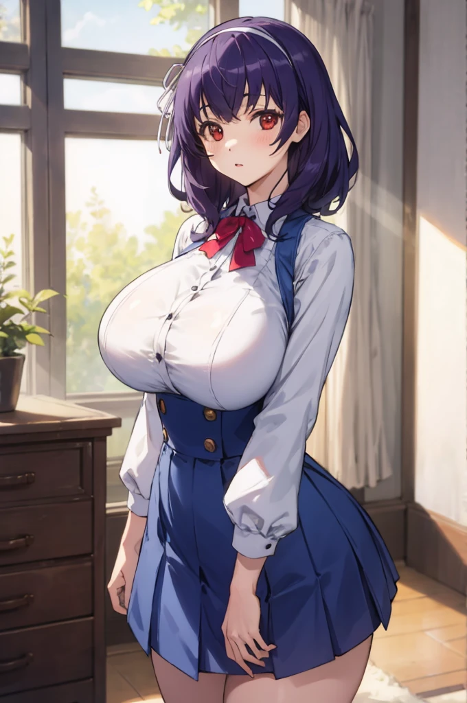 masterpiece, best quality, highres,absurdres,ray_tracing,intricate details,depth of field, extremely delicate and beautiful,4k,1girl,cowboy shot, looking at viewer,
yamanobe tomo, purple hair, red eyes, medium hair,  , hairband, long sleeves, blue skirt, high waist skirt,
my room,(((huge breasts))), curvy,    