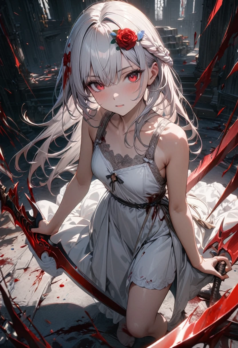 Young girl, Long white hair, Red eyes, Roses in hair, Blood blade, White Dress, No sleeve, No shoes, Blood, masterpiece, Highest quality, Full HD, 8K, Super detailed, Great graphics