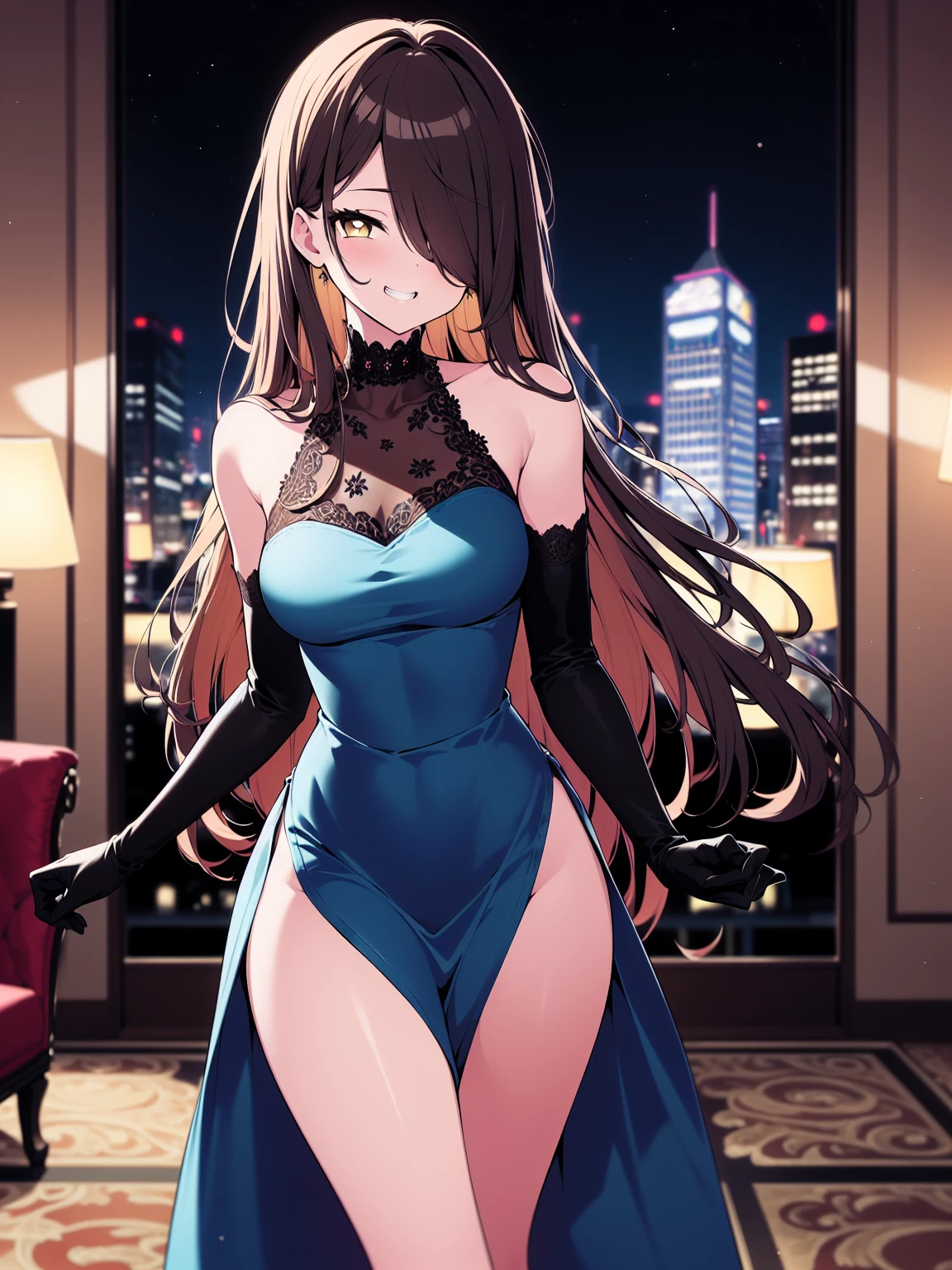 (cowboy shot), (ultra-high resolution, depth of field:1.2), 1woman, mature, brunette hair, long straight hair, yellow eyes, hair over one eye, medium breasts, (wide hips), night dress, (blue dress), elbow gloves, black lace gloves, indoors, bare shoulders, sleeveless dress, ((fancy hotel lobby)), grin