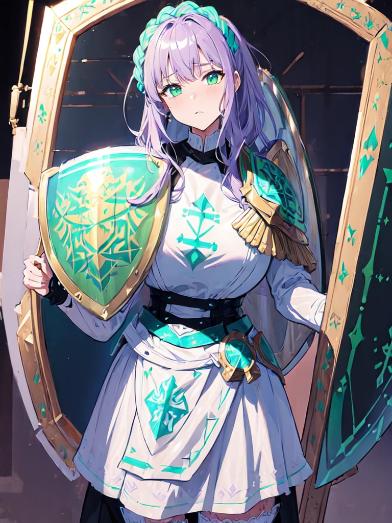 ((Large Shield Design:1.9))、An illustration、metallic material、Detailed engraving、Decorative pattern、Gold accents、Dark and gloomy atmosphere、Mystical symbols　and   watercolor画, （Gradient braided hair, (Ink blotches:1.1), (pale:1.2),(Light purple:1.2),(Light green:1.2)）and wearing a maid outfit 　Mature face,tall, Wearing black tights,Green Eyes, The skin is hidden　and 1 female, Nervous,Cowboy Shot, sketch (Character design sheet, same characters, whole body, Three-View, front, ~ ~ ~ side, return),(Very bright:1.1), White Background, [1 Girl:7], (Tilt your head:1.2), ([sketch|watercolor \(Moderate\)]:1.15),Chaotic Abstract Background, Vector Trace, Gradient Blending, Bright colors, that&#39;wonderful, Very detailed, Complex, (Very low contrast:1.4