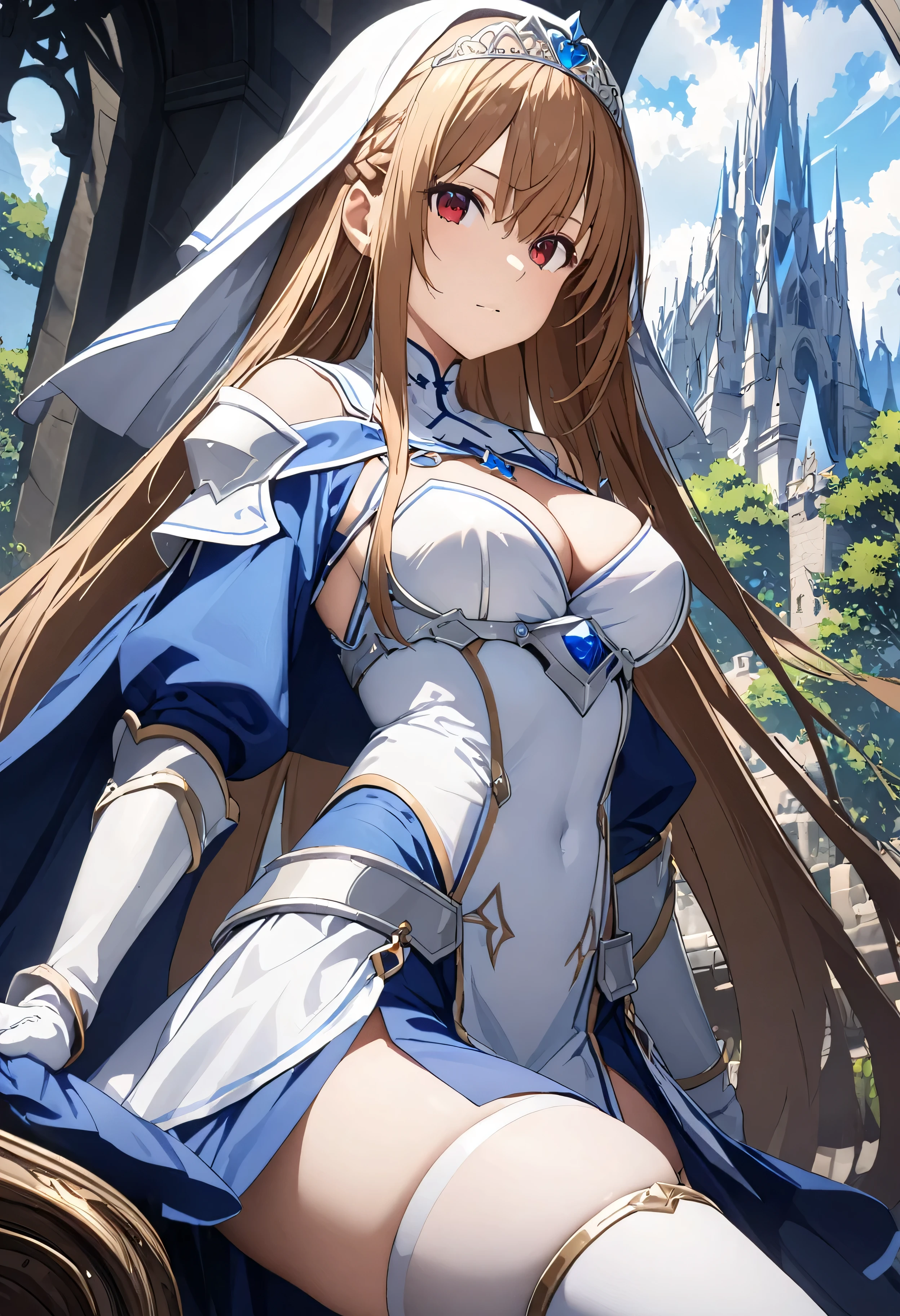 Highest quality、unity 8k wallpaper、32k、masterpiece、Very detailed、Ultra-high resolution、Very detailedな顔, RAW Photos, Professional, Ultra-fine painting、Yuuki Asuna、Brown long straight hair、Platinum tiara with blue gemstones、Blue Nun Cape、Red eyes、(Tree Eyes), Cool and sharp features, hime cut, Female magical warrior、white&gold breastplate、Blue and white leotard、(((With side armor and long slits、Long pencil skirt decorated with blue and gold)))、Half puff sleeves with shoulder pads、A large white ribbon with a large sapphire on the chest、White and blue long gloves、(((White and blue thigh-high stiletto boots:1.0)))、He has a sword with a glowing blue blade,