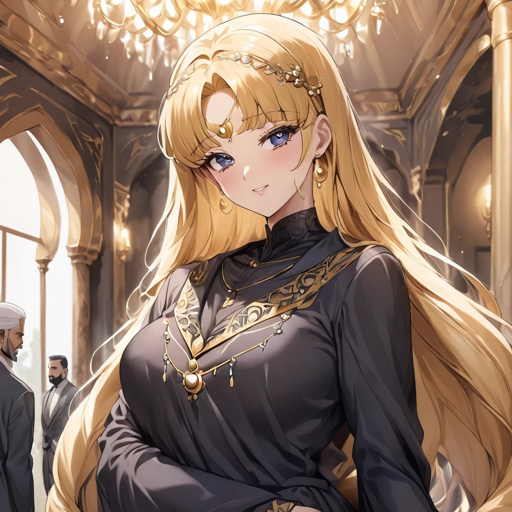 ((Highest quality)), ((masterpiece)), (detailed), (Perfect Face)、The woman is a devout Muslim Tsukino Usagi, an Arab with vivid brown skin, and is wearing a gorgeous black abaya with gold embroidery in a luxurious Islamic mansion, a gorgeous black hijab and niqab, a gorgeous hair ornament, gorgeous jeweled accessories and an engagement ring, and the man and woman are in a luxurious palace, and the woman is embracing a dignified, bearded, middle-aged Arab Muslim man wearing Arab national dress.、The woman is the elegant Tsukino Usagi, with long blonde hair in a chignon twin tail, wearing a black abaya, a gorgeous black hijab and niqab, and a devout Muslim, bright brown-skinned Arab woman.、(The woman is a dark-skinned, Arab, devout Muslim named Tsukino Usagi.)、The man is a Muslim, dignified, strong-looking, bearded, middle-aged Arab man wearing traditional Arab clothing.