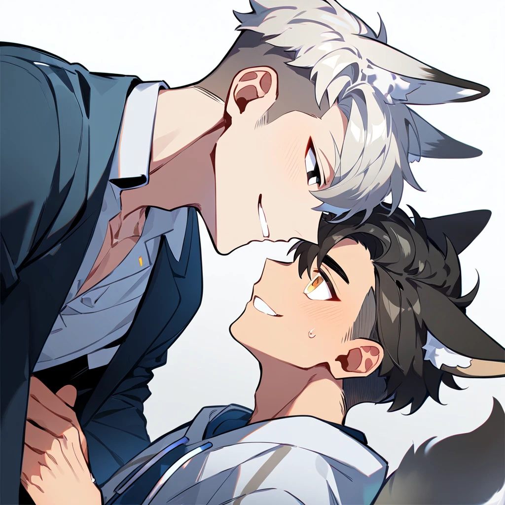 2 young men, focus man , Yaoi, pair,smile, short hair, silver blonde hair, golden eyes, Fox ears, Foxtail, black hair, Undercut style, black eyes , The best aesthetics , best quality, Amazing quality, The best aesthetics