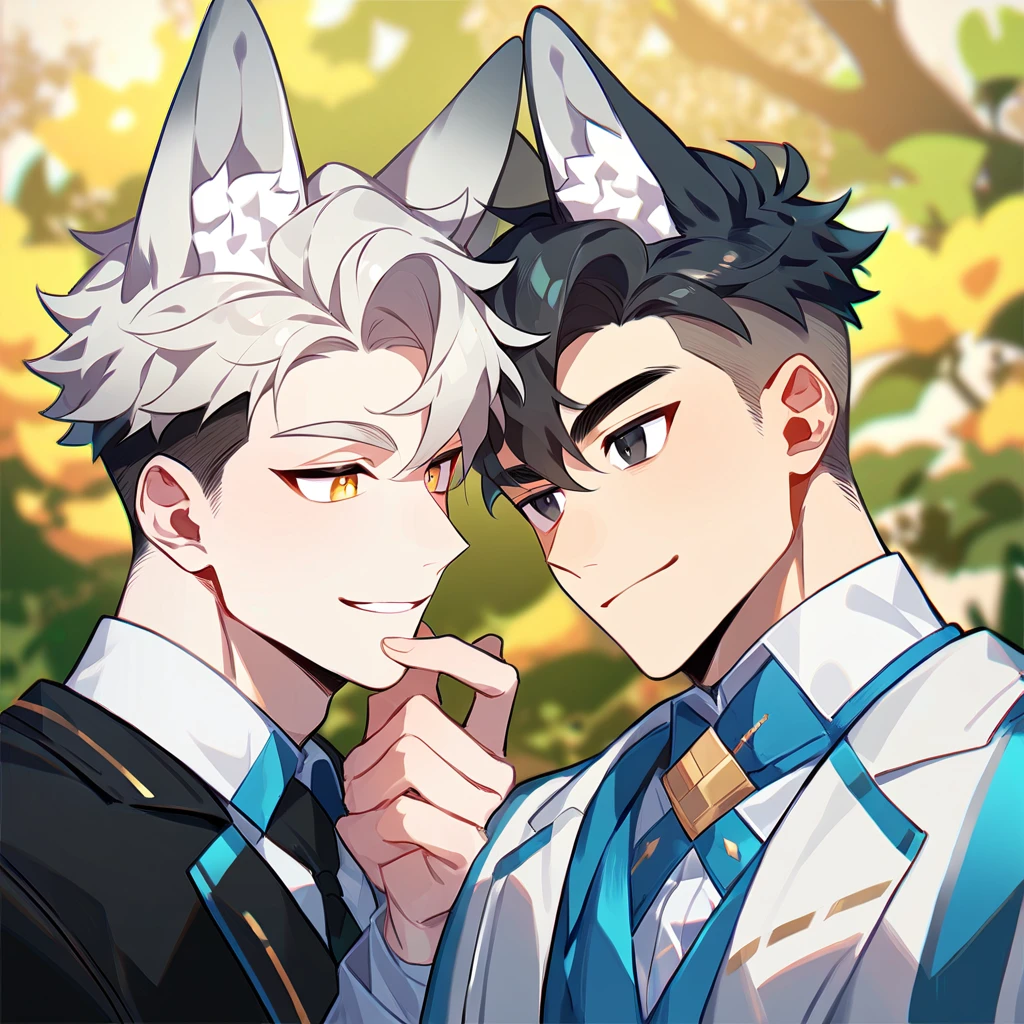 2 young men, focus man , Yaoi, pair,smile, short hair, silver blonde hair, golden eyes, Fox ears, Foxtail, black hair, Undercut style, black eyes , The best aesthetics , best quality, Amazing quality, The best aesthetics