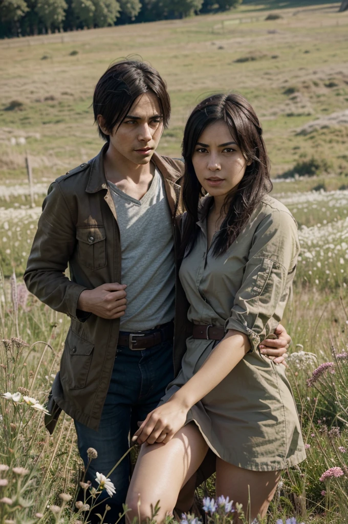 Eren from Attack on Titan and Mikasa from Attack on Titan meet in a meadow covered with flowers 