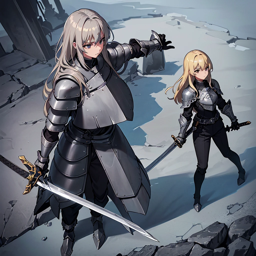 Best illustrations、Best Quality、(Full body character concept、detailed)、(((Simple grey armor、Black trousers、Black gloves))、(woman、18-year-old)、(Blonde、Long Hair)、(((Grab the sword、Get Ready)))、(From above at an angle)