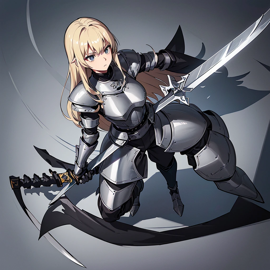 Best illustrations、Best Quality、(Full body character concept、detailed)、(((Simple grey armor、Black trousers、Black gloves))、(woman、18-year-old)、(Blonde、Long Hair)、(((Grab the sword、Get Ready)))、(From above at an angle)