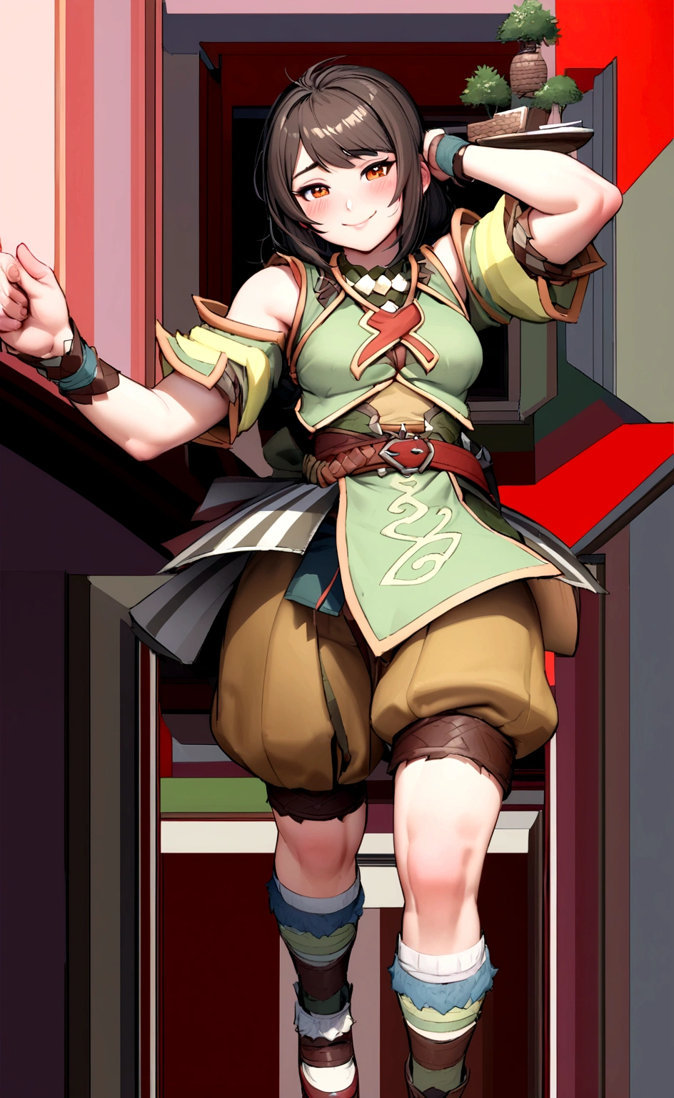 ((monsterhunter)), looking the viewer, solo, girl, shy, red cheek, bashful, embarrassed, smiling, happy, perfect face, muscular, beautiful eye, upper body