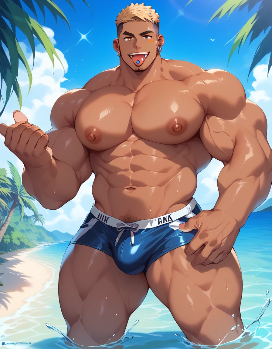 score_9, score_8, score_7, 8K,masterpiece, detailed, source_anime, (hyperdetailed face),(Ultra-detailed eyes)、 {{masterpiece, Best Quality, Highly detailed}}、(Detailed: 1.2), (Very detailed and beautiful: 1.1)、illustration, 40 yo daddy, gay, bara, solo male, mature male, muscular, dark skin, blond hair, manly, gaudy, soft smile, pierced earrings, crew cut hair, tongue piercing, Yankee, beach, sexy men's swimwear