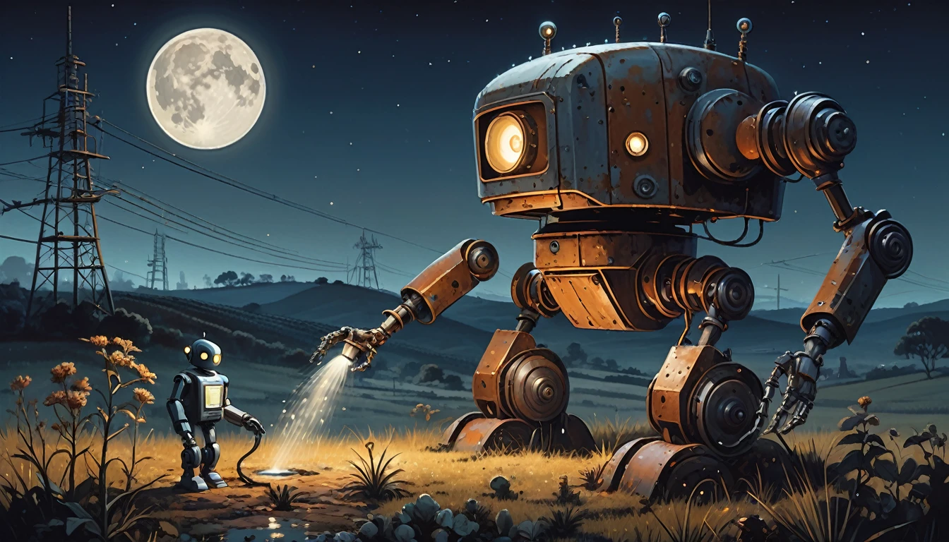 A detailed painting of a rusty, vintage human styled robot watering a plant at night under a full moon. The scene is set in a tranquil, slightly eerie countryside with a small, old house and a distant antenna tower in the background. The robot, with glowing eyes, carefully tends to the plant, highlighting a contrast between technology and nature.