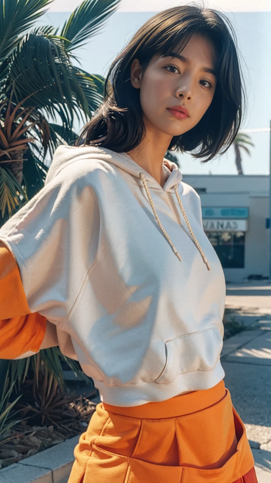 long shot portrait of cute 23 yo girl, (natural big breast) ,wear (((orange color oversized hoodie))), wear ((purple tennis skirt)),looking front,Best Quality,Masterpiece,Ultra High Resolution,(Realisticity:1.4),Original Photo, 1Girl, light leak,ultra high resolution,UHD,beautiful, (black bob hair), almond eye, no makeup, in front of (80's mondrian architecture motel), (realistic:1.2), (surreal:1.3), (very detailed:1.1), ((masterpiece)),summer, blue sky, palm trees,sunny, los angles vibes,film camera, 800mm lens,style of Philip Lorca diCorcia