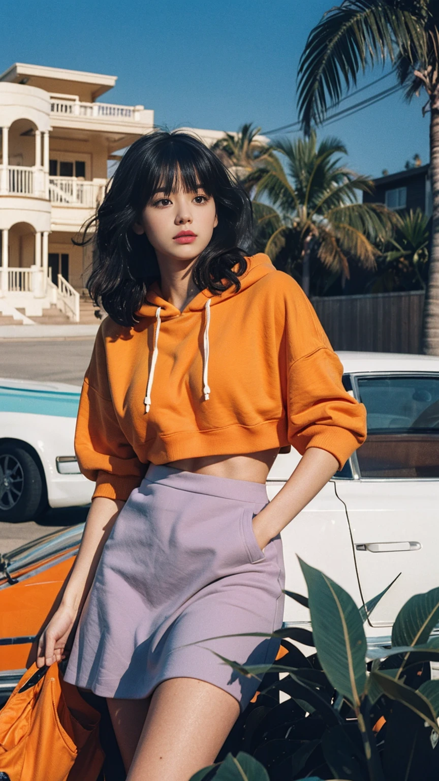 long shot portrait of cute 23 yo girl, (natural big breast) ,wear (((orange color oversized hoodie))), wear ((purple tennis skirt)),looking front,Best Quality,Masterpiece,Ultra High Resolution,(Realisticity:1.4),Original Photo, 1Girl, light leak,ultra high resolution,UHD,beautiful, (black bob hair), almond eye, no makeup, in front of (80's mondrian architecture motel), (realistic:1.2), (surreal:1.3), (very detailed:1.1), ((masterpiece)),summer, blue sky, palm trees,sunny, los angles vibes,film camera, 800mm lens,style of Philip Lorca diCorcia