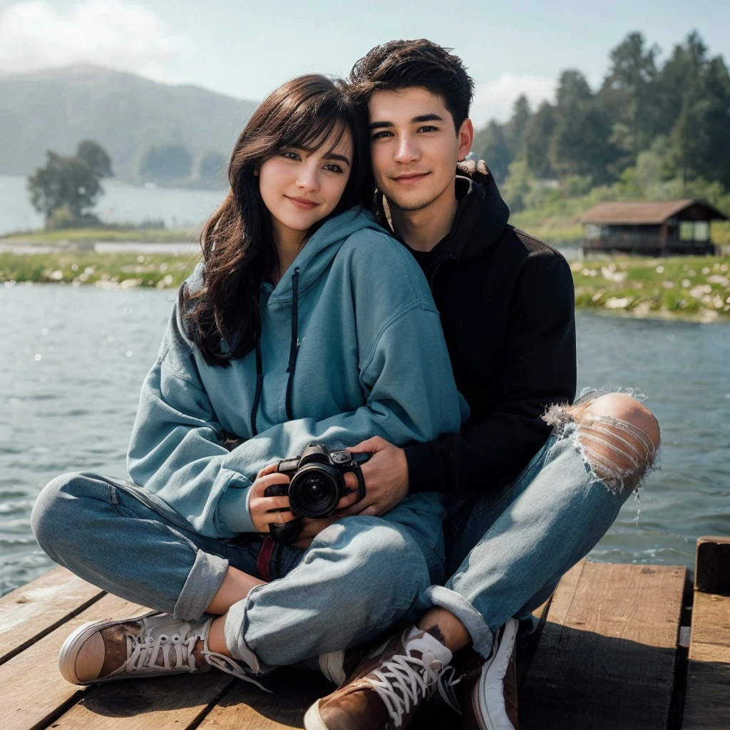 A romantic couple is hugging on a pier on a lake