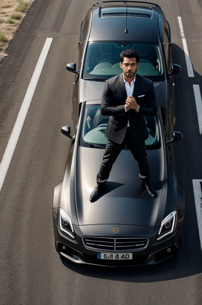 A man standing above the luxury car