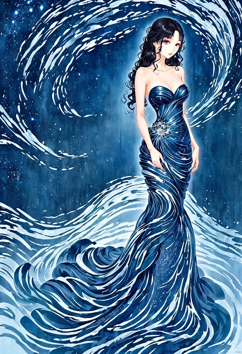 (masterpiece, best quality:1.2),Wavy hair secretary,solitary,Exquisite eyes,Fine black hair,( Smooth skin:1.2)( Wear a gorgeous and sparkling evening gown:1.2), Slender body proportions,Back,Gorgeous room