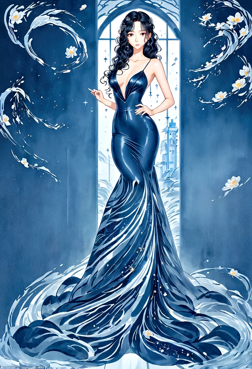 (masterpiece, best quality:1.2),Wavy hair secretary，solitary,Exquisite eyes,Fine black hair，( Smooth skin:1.2)( Wear a gorgeous and sparkling evening gown:1.2)， Slender body proportions，Back，Gorgeous room