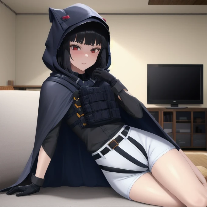 Solo, 1girl, dnikke, long sleeves, hood up, black shirt, gloves, shorts, cloak, cape, belt, tactical clothes, living room, sexy pose, best quality,