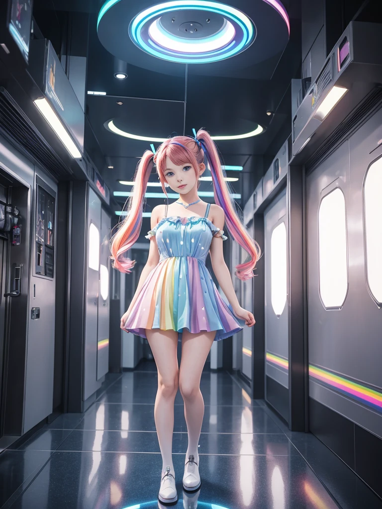 Cute redhead, gravure Idol, with rainbow colored hair tips, ribbons in her hair, 18-year-old woman, happy, in twin tails, perfect symmetrical eyes, clear sparkling blue eyes, pale skin, silky smooth skin, standing on a fancy luxurious space ship, large futuristic corridor, control panels, wood trim, decorative plants, warm lighting, wearing a futuristic  dress, pleated (chemise) mini dress (pastel rainbow colors, and polka dots), wearing full body pantyhose, cute short cut booties.