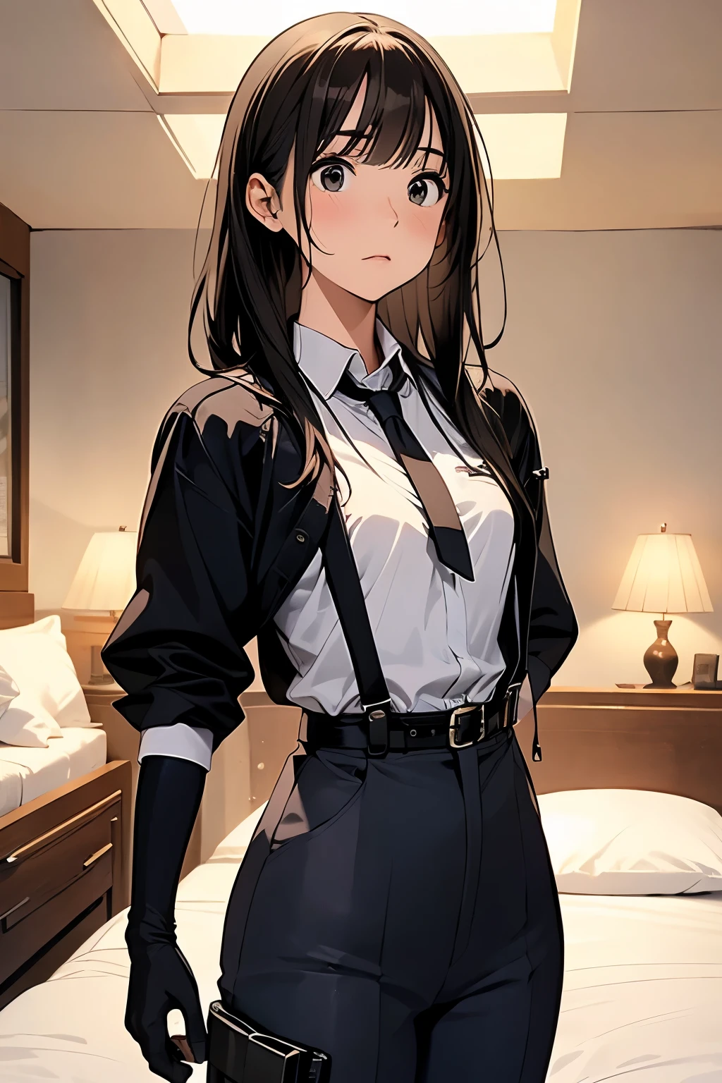 1 female, , high quality, masterpiece, Ultra-high resolution, , Cinema Lighting, , , And the suspenders with the cranes flying Moderate breasts Small face holster Lying in bed Looking up Sweat belt summer 脇Sweat Black Hole Gloves suit shirt Black jacket Black trousers Leg Links ズボンにbelt holster Hands behind your back Anxious expression Looking up Anxious face, legs apart Spread your legs wide