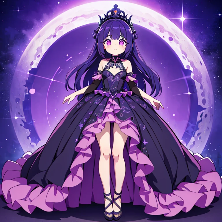 Full body, beautiful eyes , 1 girl  , full body , cute girl , anime style , cute eyes  , (standing up) , ( Vorlath's body is a dark, shadowy mass, almost like a void in space, with swirling patterns of dark energy coursing through it. The eyes embedded in its body are of various colors, some with slit pupils, others with multiple irises, and a few resembling star-like patterns.) , (ball gown) , crown , hidden legs ,( princess) , (ballgown covers legs)