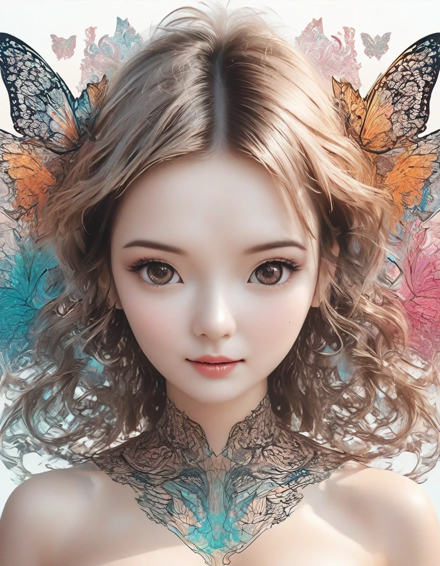 girl，portrait，Vector Art，Vector Art：1.2，Floral Pattern：1.1，Geometric elements，Sharp lines，X-rays，Neon Colors，beautiful eyes，Color Palette，Line Art，Hair and Butterfly Transformation，Symmetrical balance，Fantasy elements，Dreamy atmosphere，Geometric symmetry，Soft Light，Vague，White background，Ease：Digital Illustration。