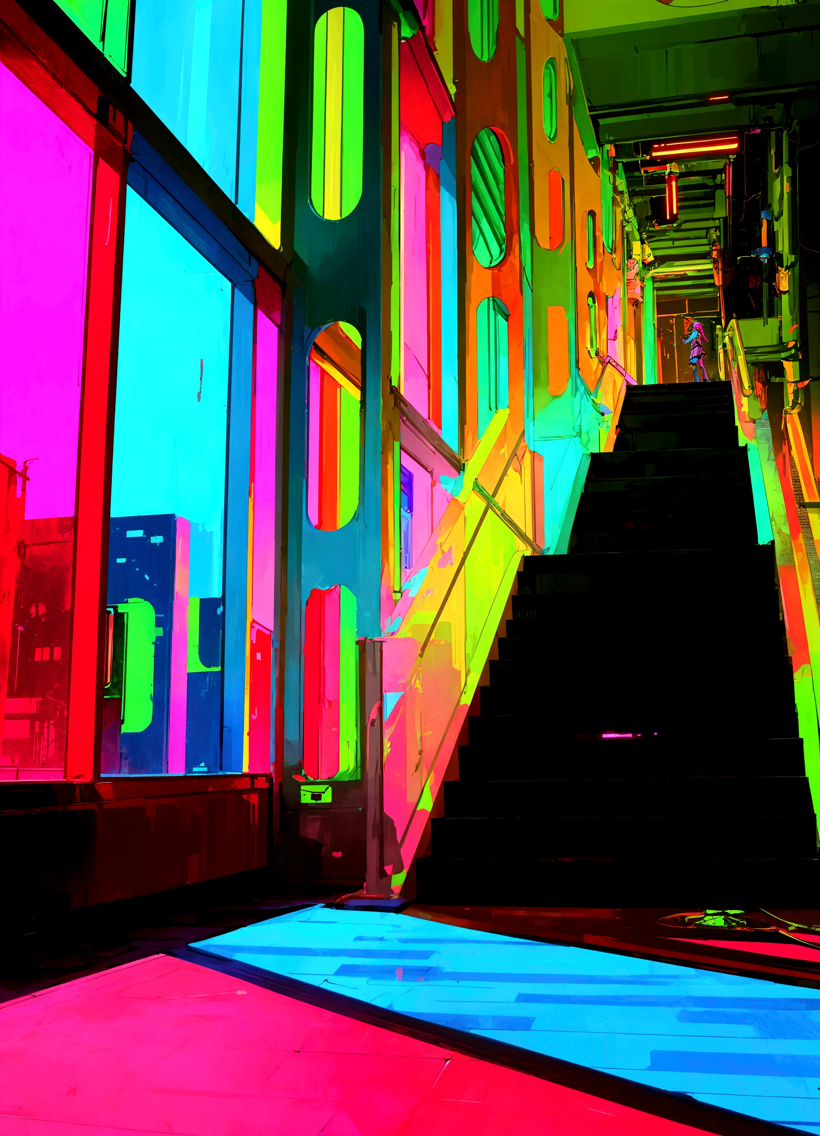 brightly lit stairs leading to a brightly lit building with a clock, psychedelic architecture, neon colors vibrant colors, vibrant neon colors, neon cyberpunk vibrant colors, ultraviolet and neon colors, neon cyberpunk colors, dreamy colorful cyberpunk colors, colorful projections, colorful architecture, hyper colorful, neon reflections, futuristic but colorful shading, vivid neon colors, futuristic neon