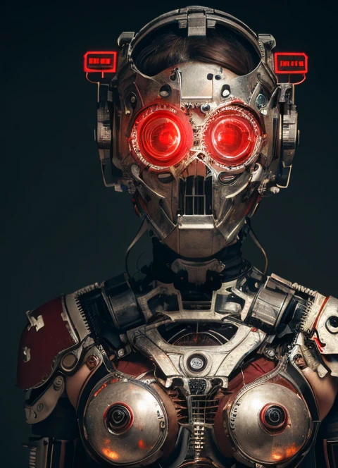 ((masterpiece, Highest quality, Best image quality, High resolution, Realistic, RAW Photos, 8K)), cyborg, Her body is covered in gears and red metal frameworks.. White Background, An empty laboratory, Dilapidated city,mask