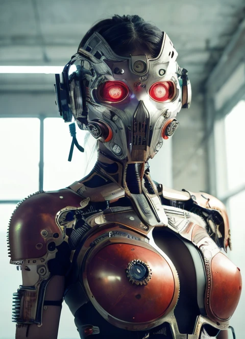 ((masterpiece, Highest quality, Best image quality, High resolution, Realistic, RAW Photos, 8K)), cyborg, Her body is covered in gears and red metal frameworks.. White Background, An empty laboratory, Dilapidated city,mask