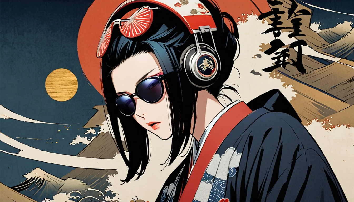 Ukiyo-e, (((UTAGAWA KUNIFUSA))), (((1 girl))), (((sunglasses))), Japanese style headphones, beautiful girl, Black Hair, Delicate and precise, 現代のUkiyo-eスタイル, Darkness