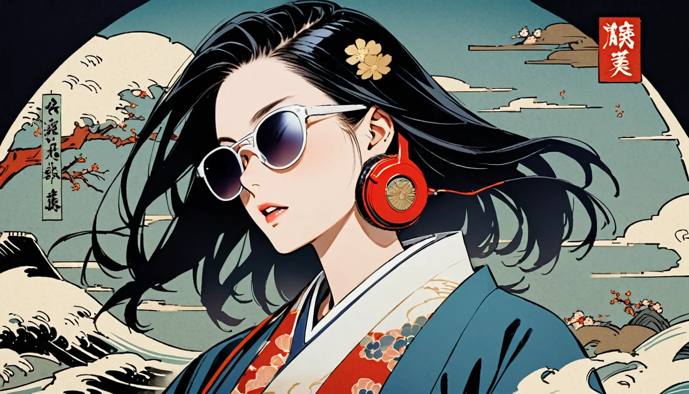 Ukiyo-e, (((UTAGAWA KUNIFUSA))), (((1 girl))), (((sunglasses))), Japanese style headphones, beautiful girl, Black Hair, Delicate and precise, 現代のUkiyo-eスタイル, Darkness