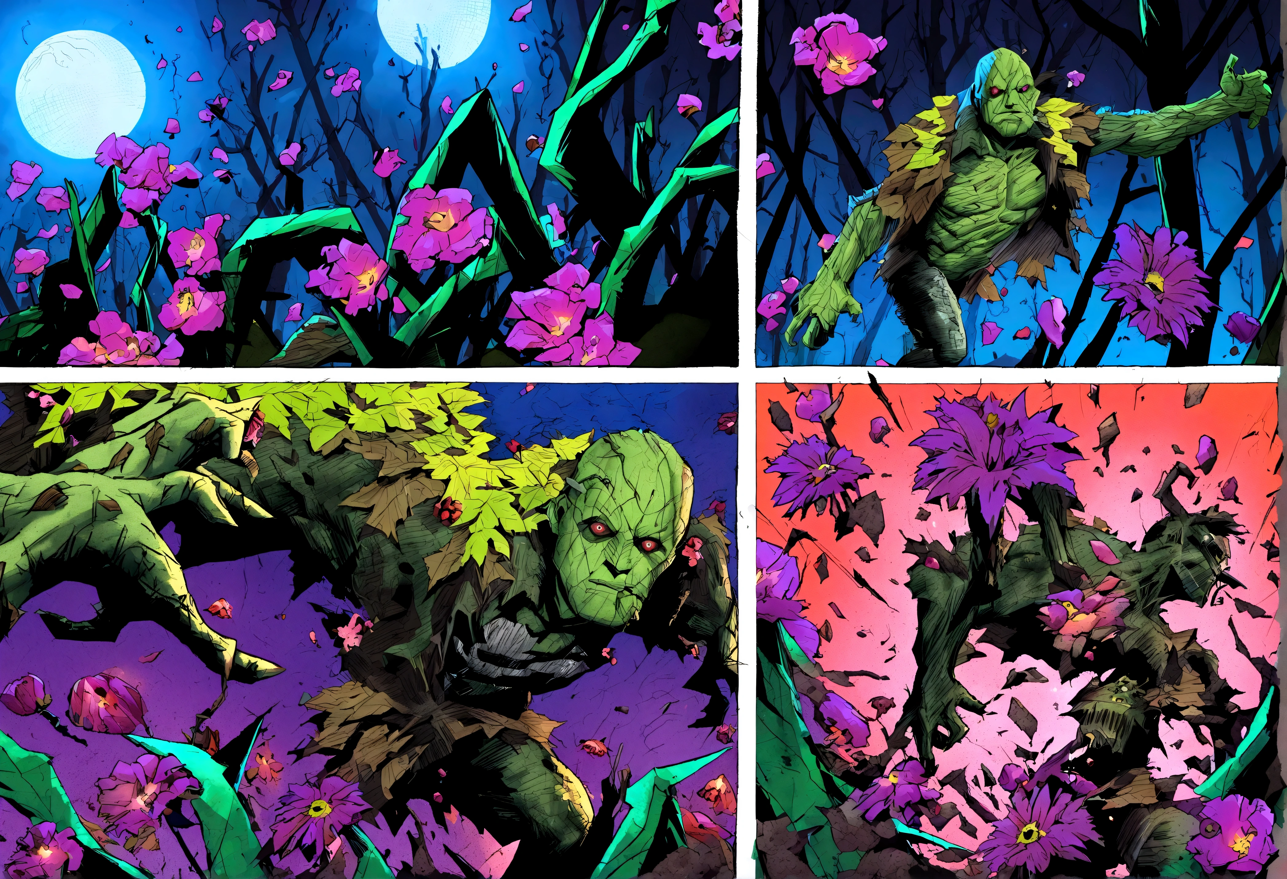 DC character Swamp Thing (vines, flowers, powerful human form) is in battle with a horde of Zombies. broken zombie parts flying. horror comic. night forest
