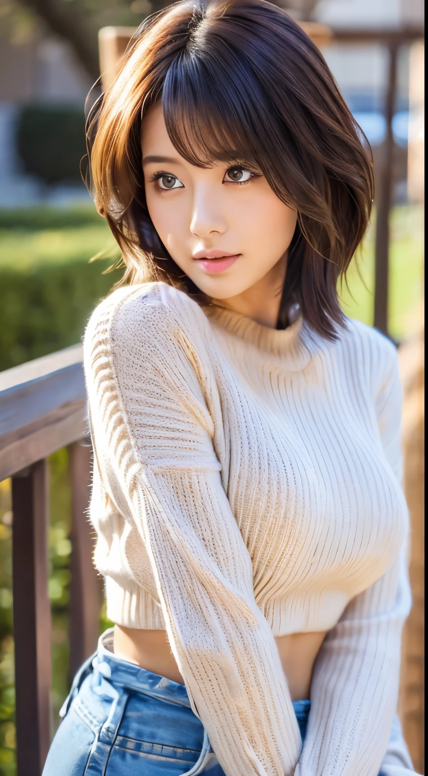 best quality, 8K, 32k, masterpiece, Ultra HD: 1.3), Attractive Japanese women pictures, A girl, (Large target: 1.0), Abdominal muscles, Perfect body, (Oversized waist sweater : 1.1), (boots:1.1), Extremely detailed face, Delicate lips, Beautiful eyes, Double eyelids,short hair,Messy hair,