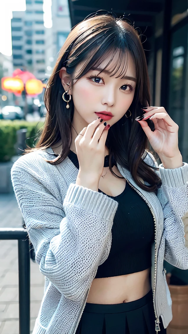 Characteristic,, , One girl, Ahoge, bangs, black skirt, black sweater, Blue Claws, Blurred, Blurred background, chest, Brown eyes, Brown Hair, brown Jacket, Mouth closed, Day付付き, Day, Depth of written boundary, Earrings, eyelash, Raise your hand, Tilt your head, Jacket, jewelry, Long Hair, Long sleeve, View your viewers, medium chest, Manicure, Open clothes, open Jacket, Outdoor, Pursed lips, Tucked in shirt, Side Lock, skirt, Sleeves are longer than the wrist, alone, sweater, Upper Body, zipper, , , ((masterpiece)), , 