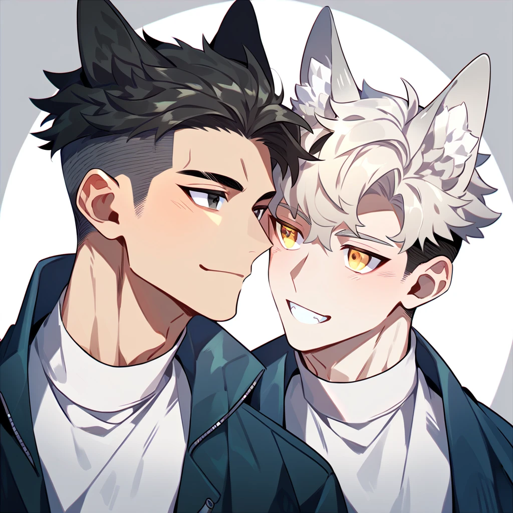 2 young men, focus man , Yaoi, pair,smile, short hair, silver blonde hair, golden eyes, Fox ears, Foxtail, black hair, Undercut style, black eyes , The best aesthetics , best quality, Amazing quality, The best aesthetics