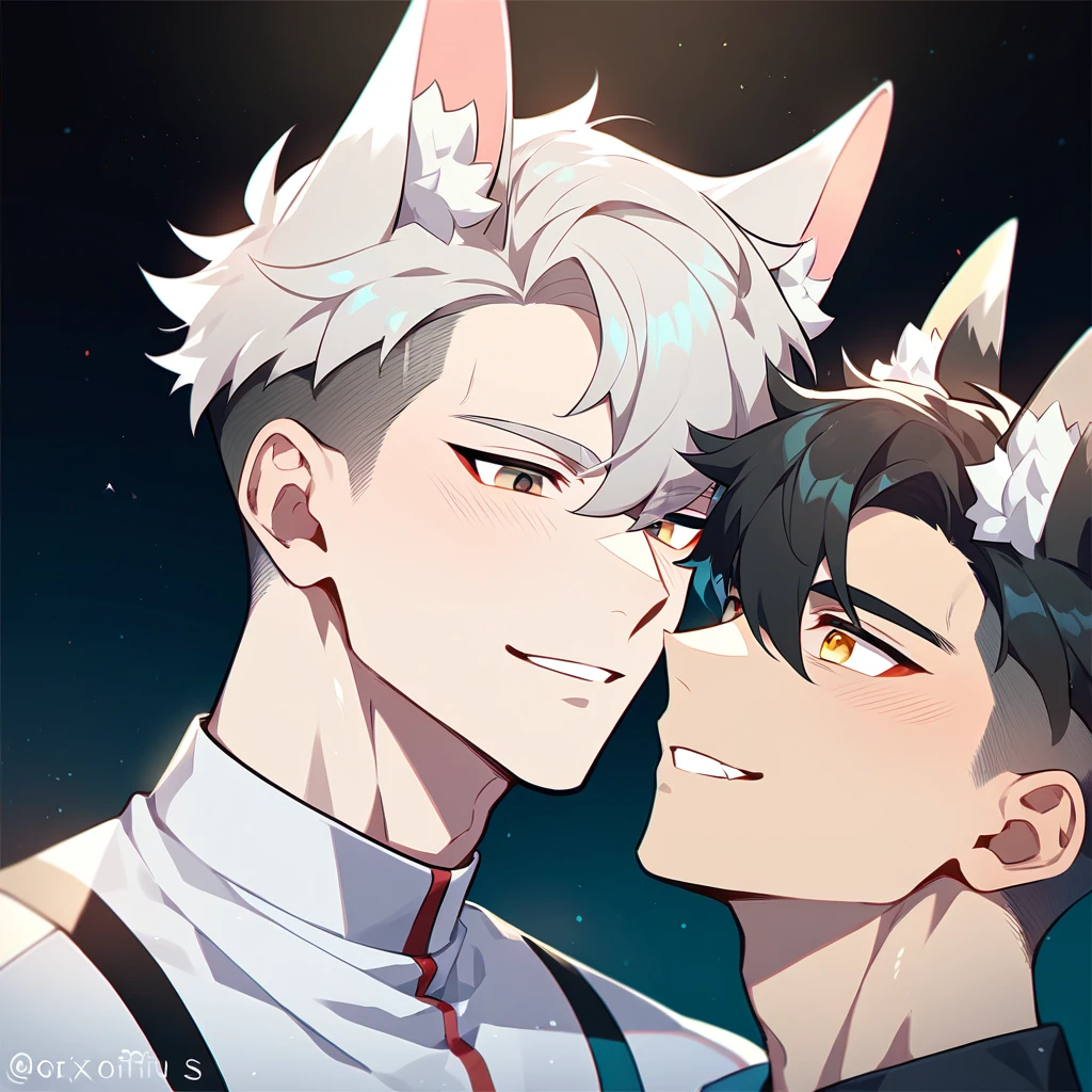 2 young men, focus man , Yaoi, pair,smile, short hair, silver blonde hair, golden eyes, Fox ears, Foxtail, black hair, Undercut style, black eyes , The best aesthetics , best quality, Amazing quality, The best aesthetics