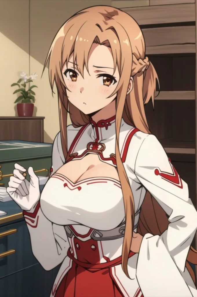 (masterpiece, best quality), intricate details,big breasts,looking viewer,
1girl, yuuki asuna, kizukiai, brown hair, brown eyes, , long hair, braid, kotbo, white gloves, white uniform, white boots, red skirt, red straps,cleavage cutout