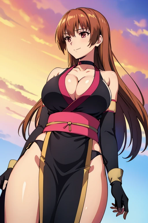 Best Quality, high resolution, Best Quality, high resolution, (huge breasts:1.2), sky, from below, 1 girl, kasumi, black bikini, pelvic curtain, obi pink, neckline, wrist gloves, black choker, (looking away), SMILE