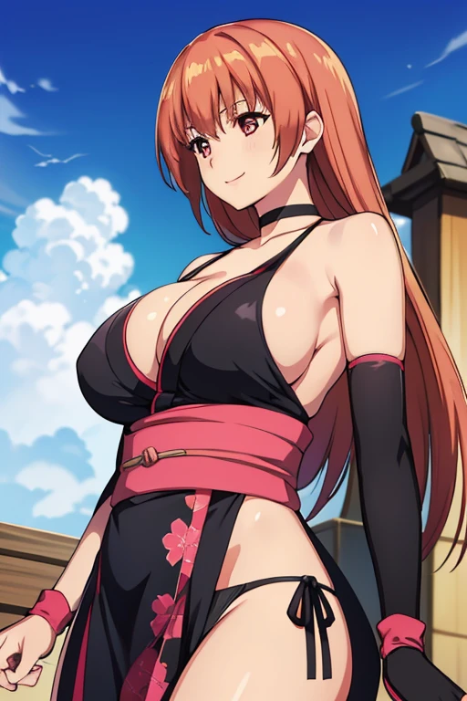 Best Quality, high resolution, Best Quality, high resolution, (huge breasts:1.2), sky, from below, 1 girl, kasumi, black bikini, pelvic curtain, obi pink, neckline, wrist gloves, black choker, (looking away), SMILE