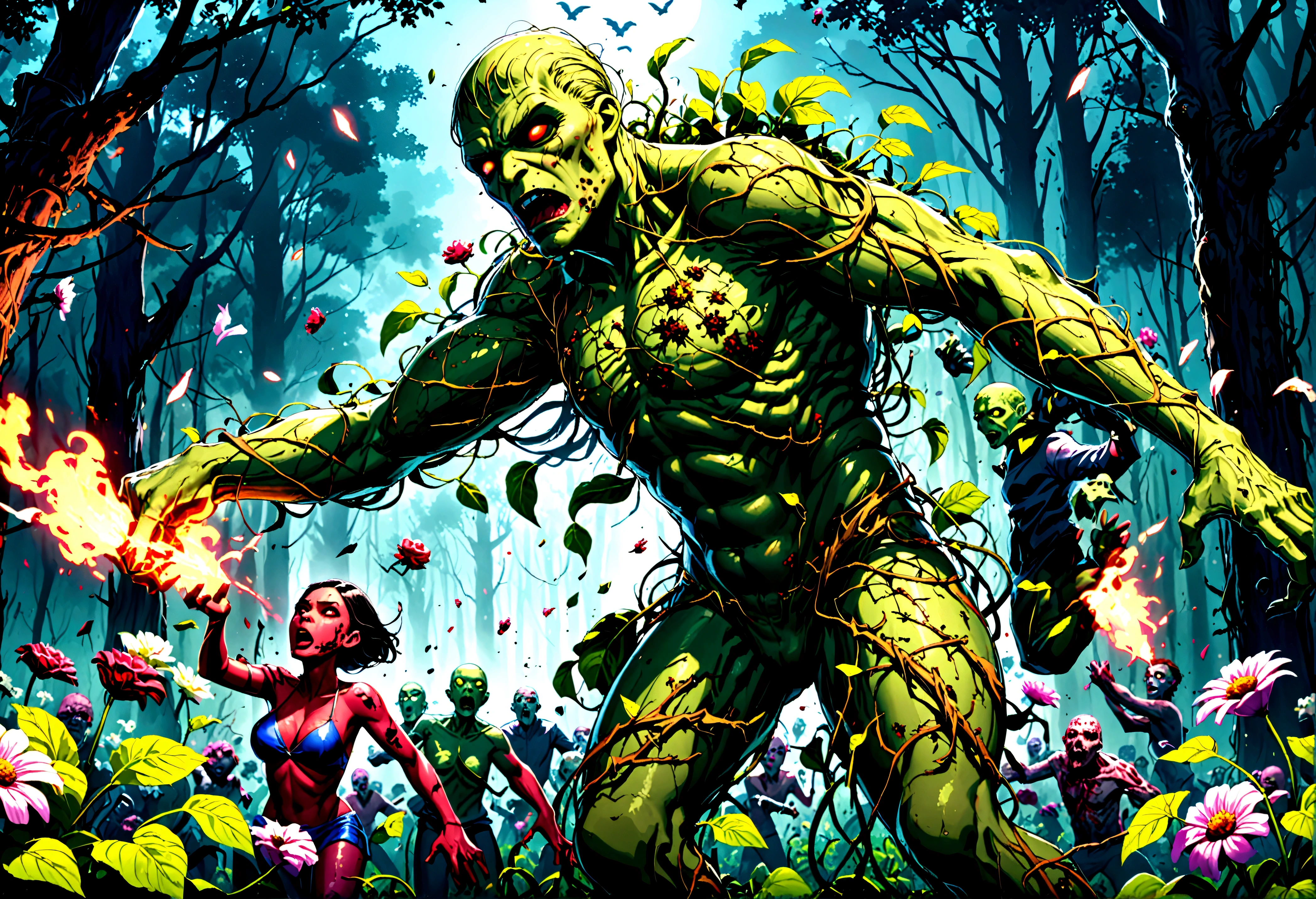 DC character Swamp Thing (vines, flowers, powerful human form) is in battle with a horde of Zombies. broken zombie parts flying. horror comic. night forest
