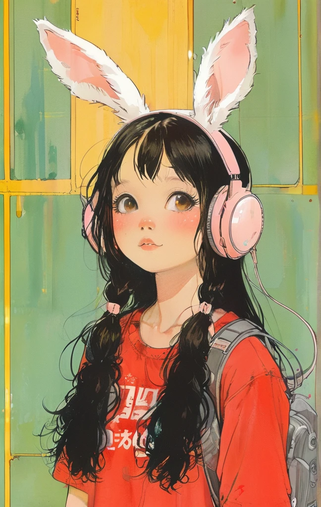 On a bright red campus"YES"Character、beautiful illustration, best quality, cute girl, bedroom, pastel color, fluffy bunny ears, , silver long hair, rabbit stuffed toy, bright lighting, light pink eyes、alone, One girl, profile,Black Bob,　profile,  The background color is solid yellow,An illustration