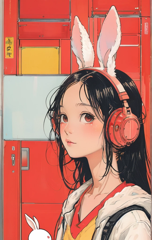 On a bright red campus"YES"Character、beautiful illustration, best quality, cute girl, bedroom, pastel color, fluffy bunny ears, , silver long hair, rabbit stuffed toy, bright lighting, light pink eyes、alone, One girl, profile,Black Bob,　profile,  The background color is solid yellow,An illustration