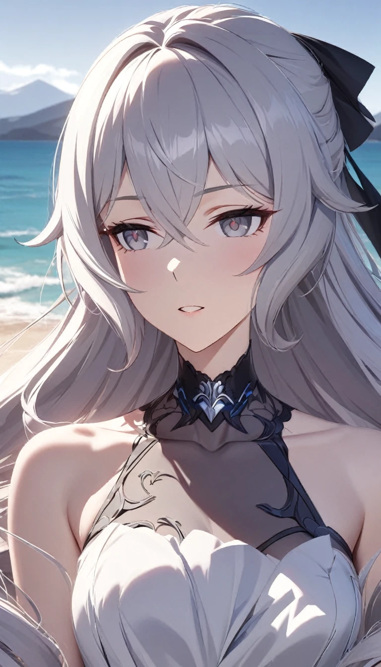 (((masterpiece))), (portrait), scattered light, Dynamic Shadows, Clear focus, detailed, Dress , Anatomically correct, A loving face, Beach with mountain background, looking off to the side, Bronya, whole body, Bronya,front