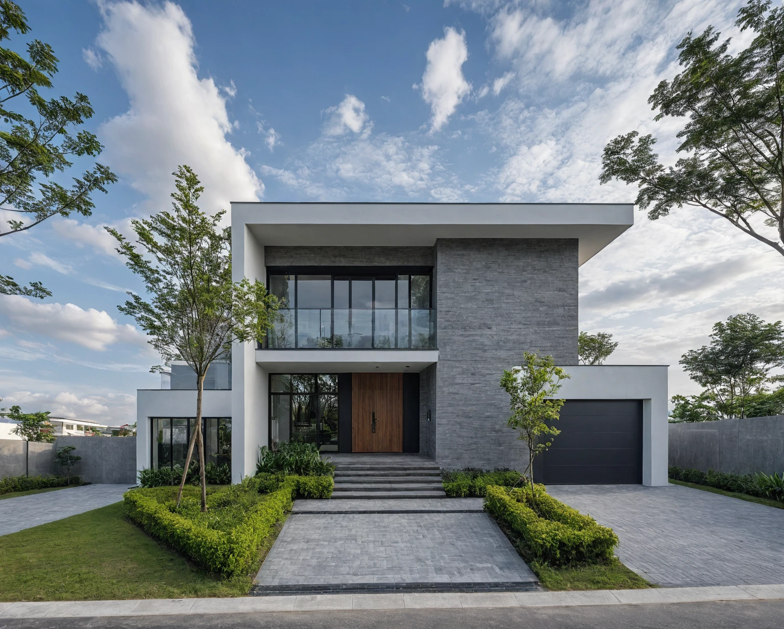 Raw photo, masterpiece, high quality, best quality, realistic, super detailed, outdoor, 2-storey house, modern townhouse style, (white wall), curved wall facade, aluminum interior door glass, curved planter, gray tiled accent wall, gray iron box exterior gate, road, sidewalk, grass, trees, sky, clouds, (daylight):1.1)