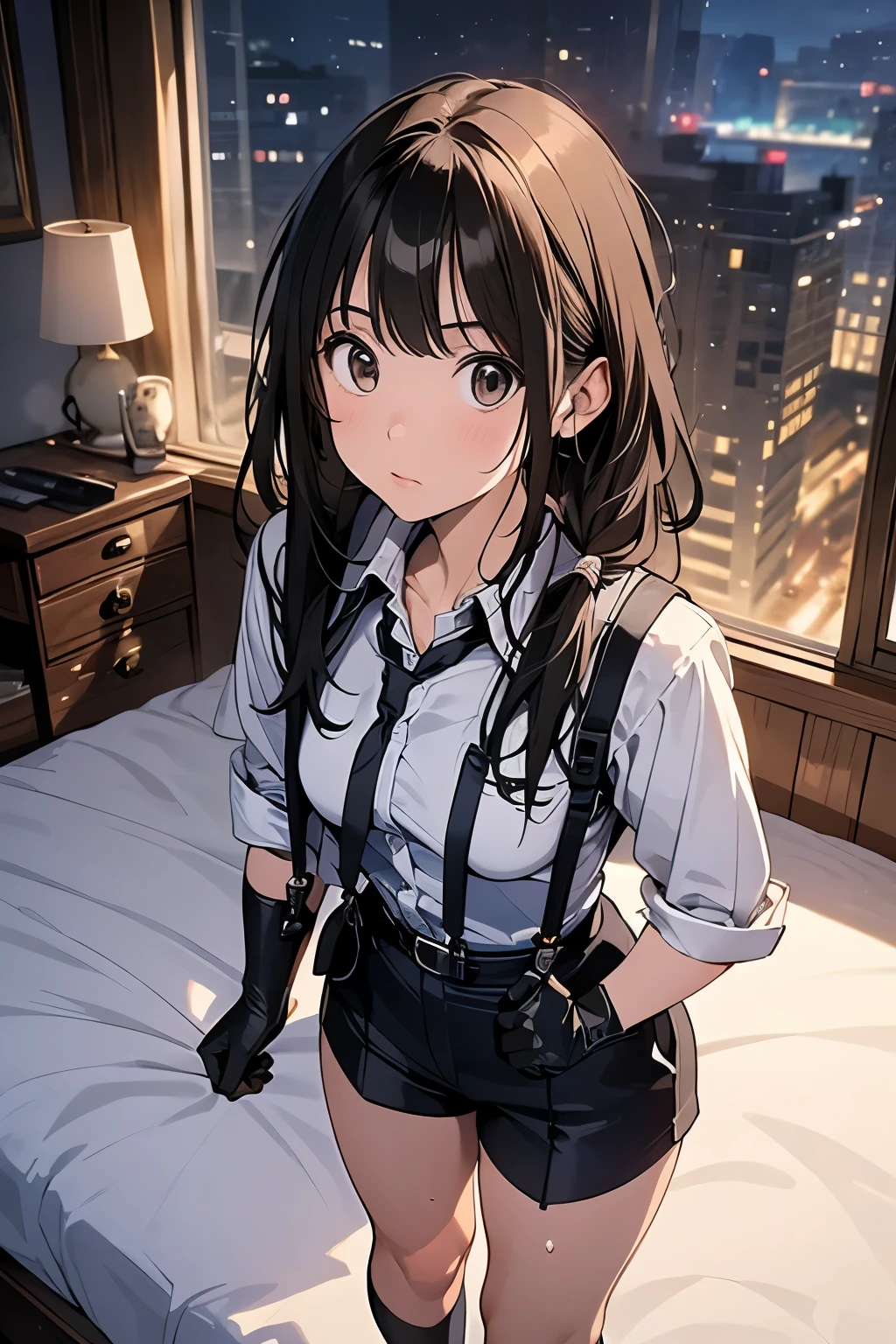   1 female, , high quality, masterpiece, Ultra-high resolution, , Cinema Lighting, , ,  And the suspenders with the cranes flying　　　Moderate breasts　 　 　　　　Small face　 　　　holster　　　　　　　 Lying in bed　Looking up　　　　Sweat 　　　belt　summer　脇Sweat 　Black Hole Gloves　suit　shirt　　Black jacket　 Black trousers　Leg Links　ズボンにbelt　　holster　 　　Hands behind your back　 Anxious expression　Looking up　Anxious face, legs apart　Spread your legs wide